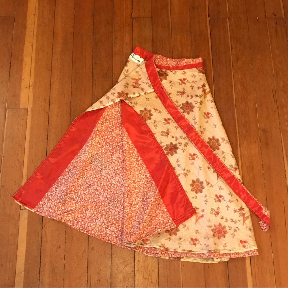 Silky Reversible Wrap Skirt Orange Floral Print